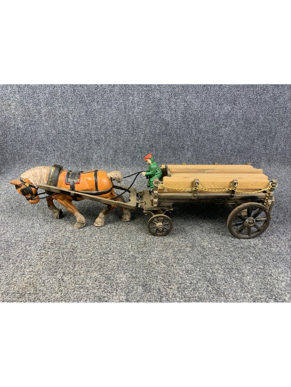Vintage Large Cast Iron Horse w/ Driver And Custom Carriage Lumber Cart